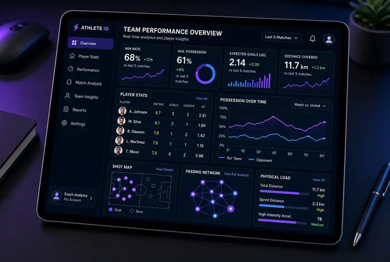 Live analytics dashboard with player ratings, possession charts and shot maps