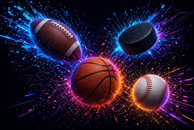 Football, hockey puck, basketball and baseball in a neon energy burst